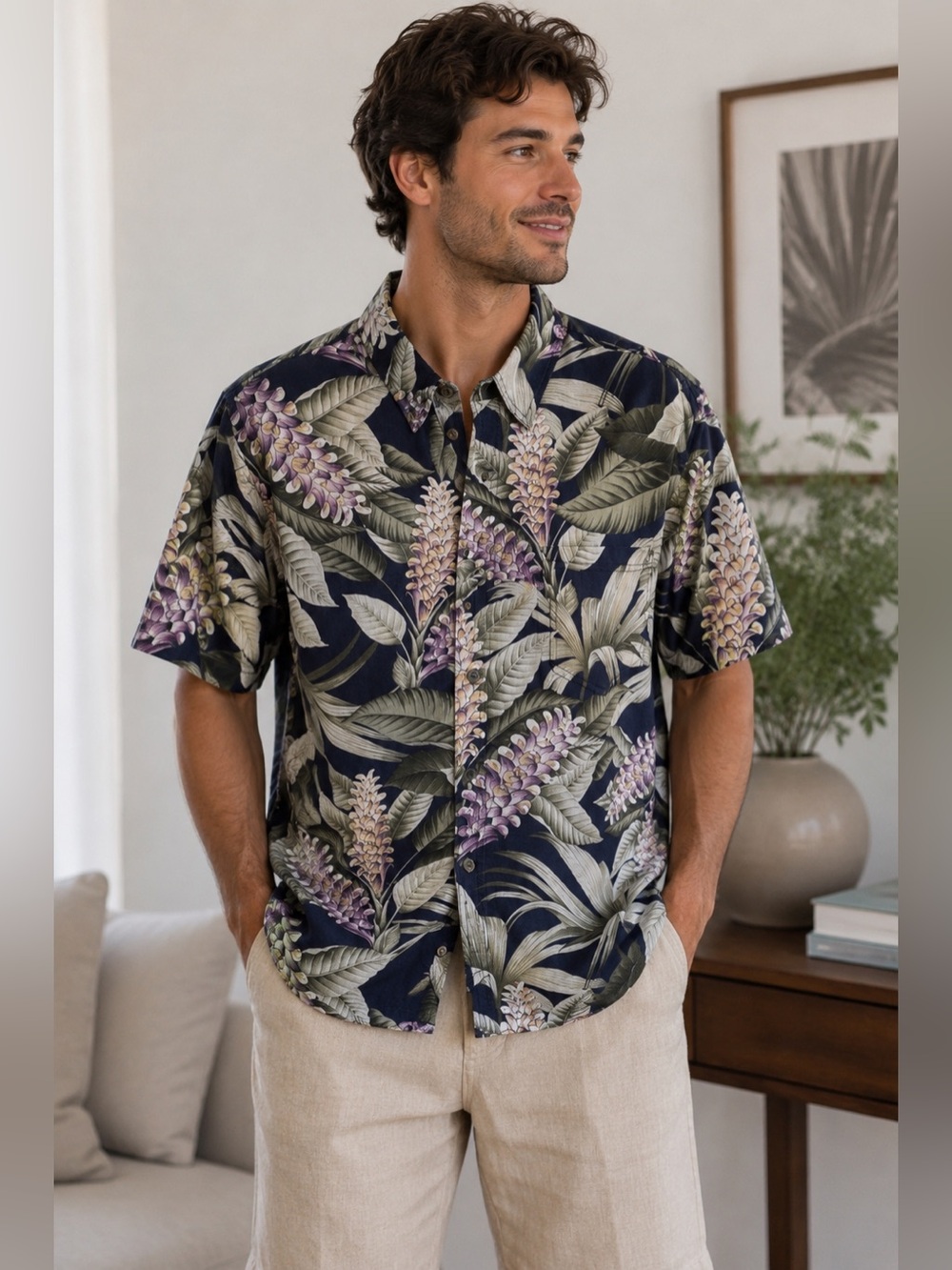 Handmade Classic Navy Floral Short-Sleeve Button-Up Shirt Size XL Festival